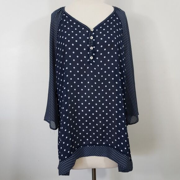 Style & Co Tunic Top Shirt Sheer Retro Polka Dot Womens Size XL Blue White - Picture 2 of 11